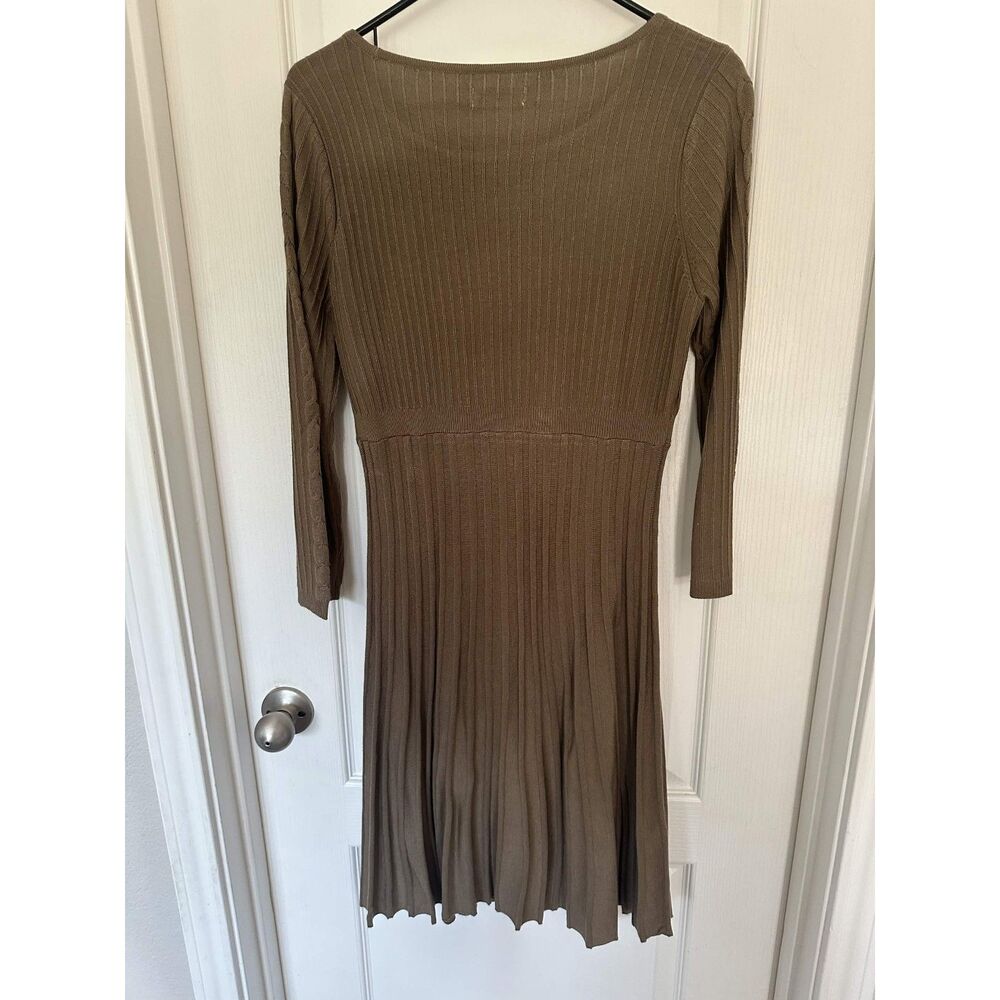 Calvin Klein Taupe Ribbed Cable Knit Fit Flare Classic Sweater Dress Pleated L - Picture 4 of 7